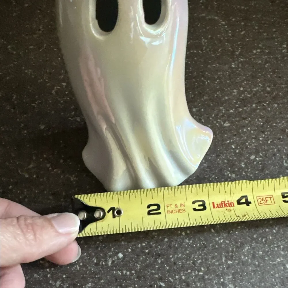 Ceramic Ghost LED Light Iridescent Pink Bow Halloween Decor 6” Battery Operated